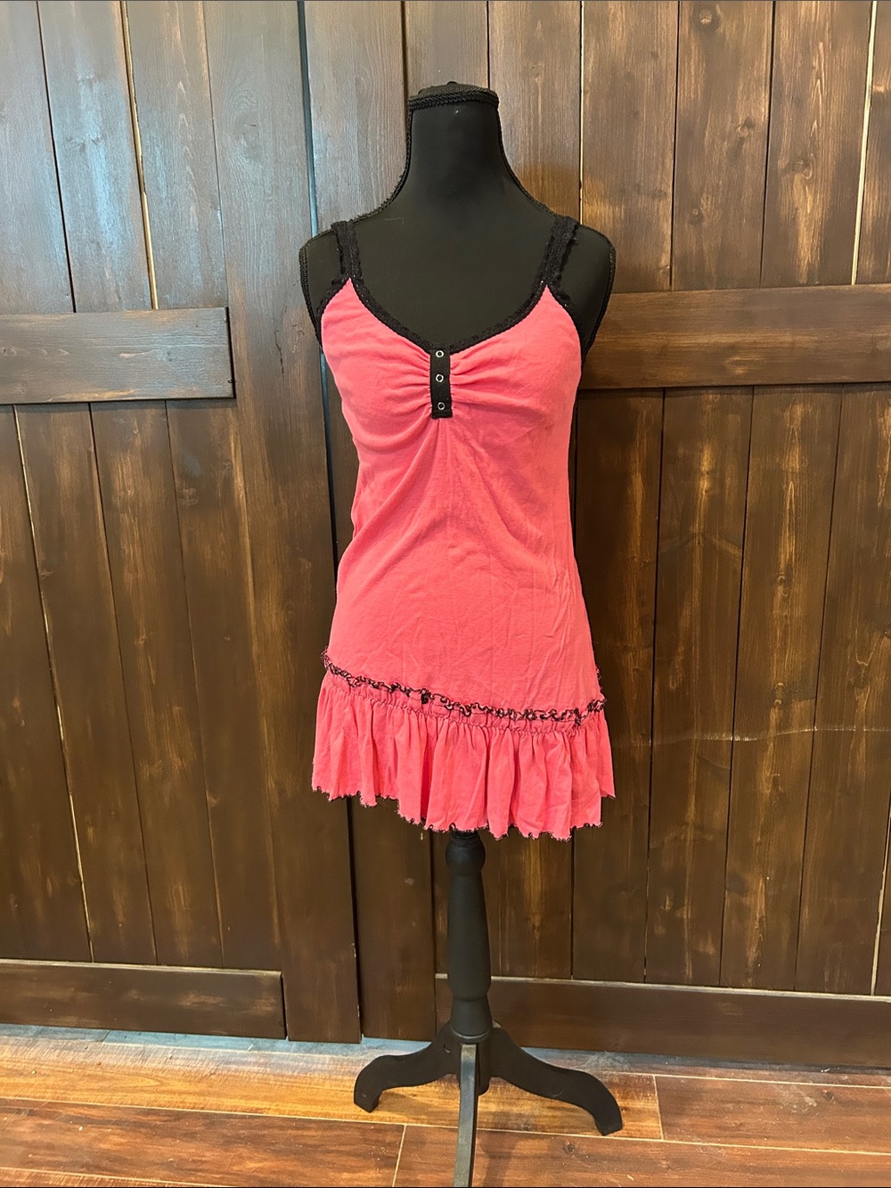 Betsey Johnson Coral Pink Ruffle Hem Chemise with Black Trim